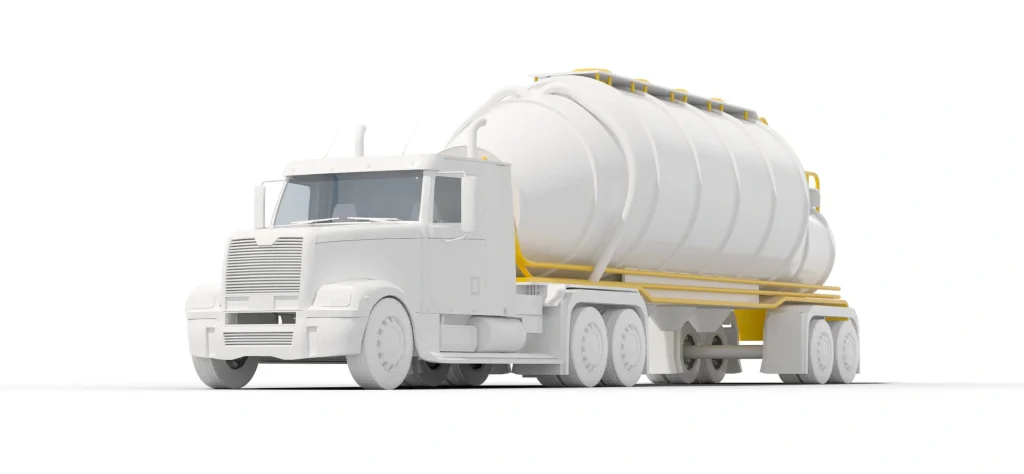 White tanker truck with cylindrical cargo tank and yellow safety rails for chemical transportation